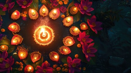 Wall Mural - A circle of candles with a flower in the center