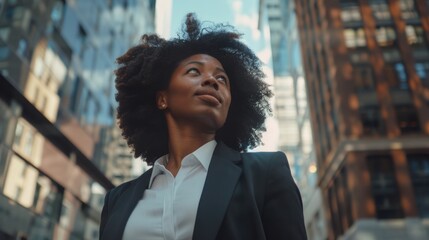 Poster - A woman wearing a suit and white shirt stands in front of a building. She is smiling and looking up at the sky