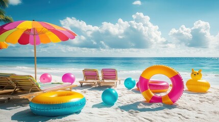 Wall Mural - A beach scene with many umbrellas and colorful beach chairs