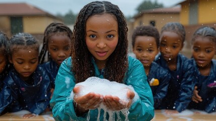 Children enjoying bubbles and water play outdoors.