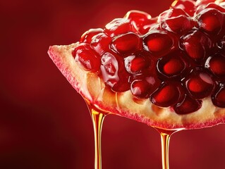 A slice of fruit with honey dripping from it