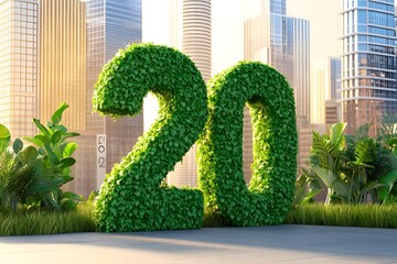 Wall Mural - A huge number 2025 made of plants stands in front of the city, surrounded by green vegetation and tall buildings. The golden sunset shines on it from behind