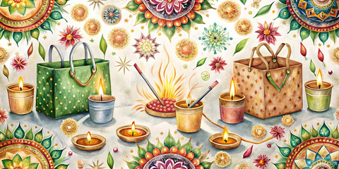 Wall Mural - Seamless Watercolor Tile Design Featuring Sparklers and Eco-Friendly Elements Like Cloth Bags and Metal Straws with Festive Rangoli Patterns