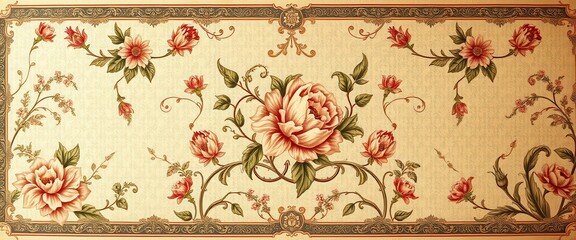 Wall Mural - Ornate Vintage Floral Wallpaper Design with a Central Large Blossom