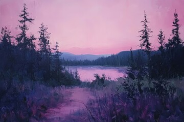 Sticker - a painting of a pink sky over a lake