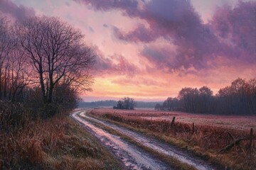 Sticker - a painting of a dirt road in the middle of a field