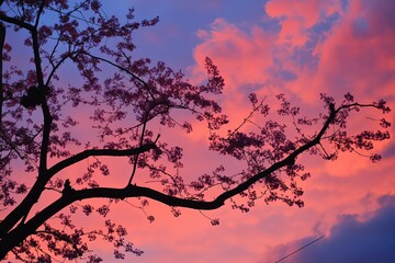 Wall Mural - a tree branch with a pink sky in the background