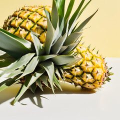 The image shows two pineapples on a yellow and white background. One pineapple is lying on its side, while the other is standing upright. Both pineapples have green leaves on top and a golden yellow s