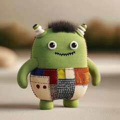 A chubby cuteFrankenstein s monster stitched together with vintage boho fabrics, wearing colorful patchwork, 3D illustration