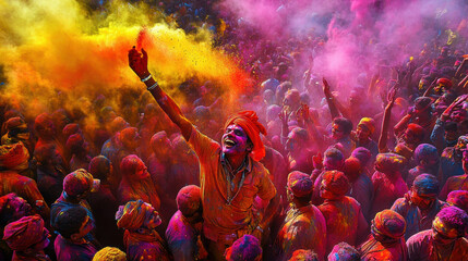 Vibrant colors fill air as people celebrate Holi, Hindu festival of colors. Joyful expressions and colorful clouds of powder create lively atmosphere