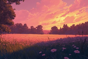 Wall Mural - a painting of a sunset over a field of flowers