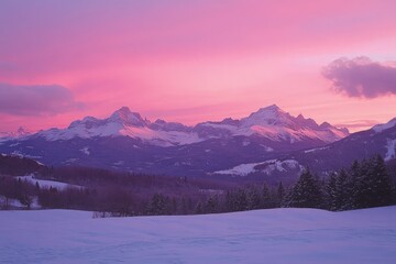 Poster - a snow covered mountain with a pink sky in the background