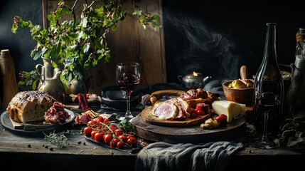 A man is holding a wine glass and a plate of food