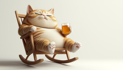 Relaxed cartoon cat in a rocking chair enjoying a drink