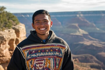 happy smiling young man standing on cliff with landscape behind him. Native American heritage day