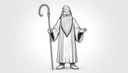 A black and white cartoon illustration depicts a bearded wizard holding a staff, dressed in traditional wizard robes. The simple and whimsical design adds a magical and mystical element to this