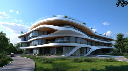 Modern architectural building with curved stone and glass design, architecture, modern, building, curved, stone, glass