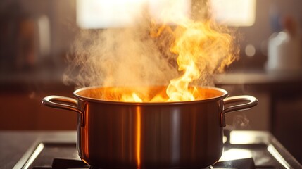 Cooking pot with flames rising from stovetop