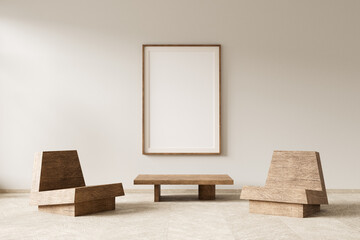 Mock up poster frame in Scandinavian style interior. Minimalist livingroom with wooden furnitures. 3D illustration