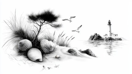 Serene beachscape with rolling waves and seashells, black and white, line art, peaceful, coastal, seaside tranquility, sandy shores ::1.4 seagulls, lighthouses, beach umbrellas, sandcastles,