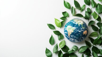 Poster - Earth and Green Leaves on White Background.