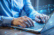 © Daria D. - Closeup of hands typing on a keyboard with a futuristic hologram screen. Concept of software development