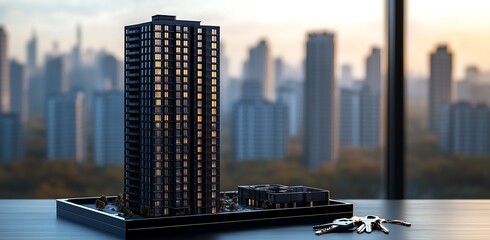 Black plastic apartment model and key on desk, skyscrapers in background