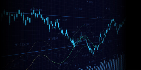 Wall Mural - widescreen financial graph with uptrend line and bar chart of stock market on blue color background