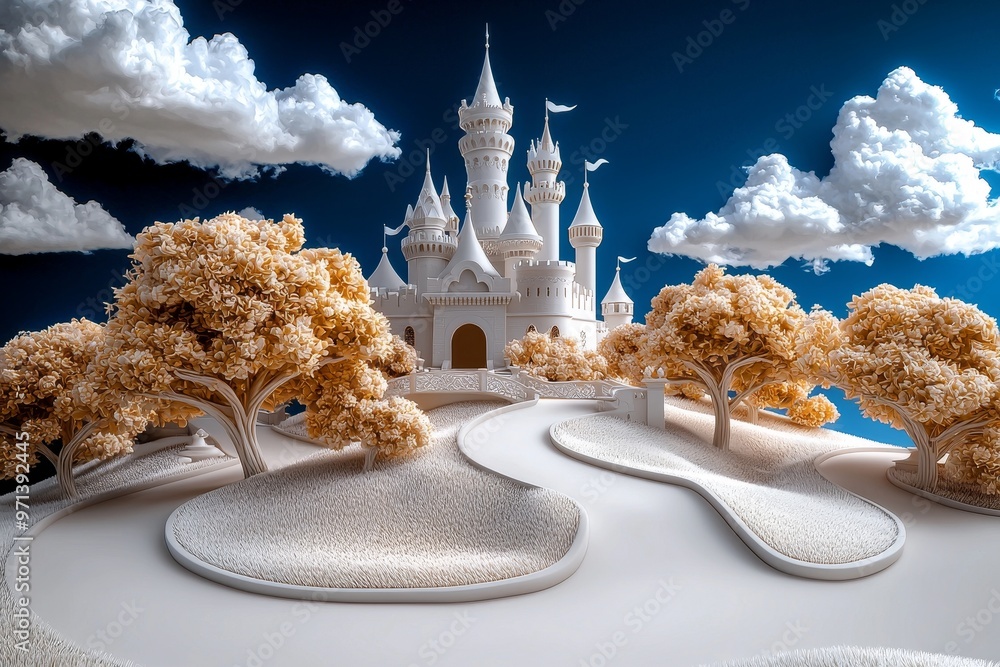 Enchanted Drawbridge Whimsical fairy tale castle on a hill, black and white, line art ...