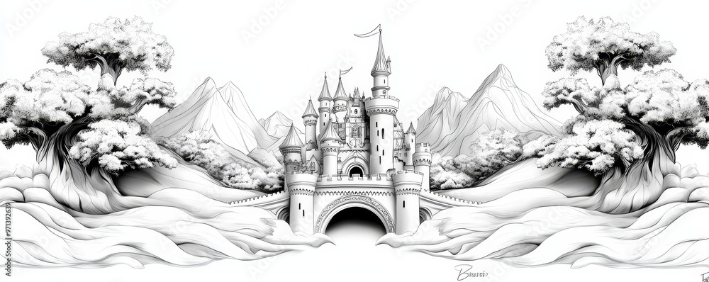 Enchanted Drawbridge Whimsical fairytale castle amidst rolling hills, high-quality, black ...