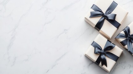 Minimalist flatlay of jewelry boxes with silk ribbons on a white marble surface, luxury aesthetic, top view