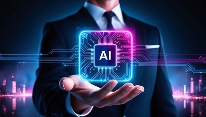 AI circuit board icon in PCB design hovers above a businessman's hand, cyberpunk neon lighting, showcasing advancements in technology & machine learning. Made with generative AI technology