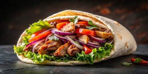 A shawarma sandwich gyro on a fresh roll of lavash pita bread filled with grilled meat, mushrooms, cheese, cabbage, carrots, and sauce, a traditional Eastern snack on a dark black