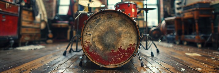 An aged and worn drum sits prominently on a rustic wooden floor amidst a vibrant and chaotic music studio filled with various musical instruments