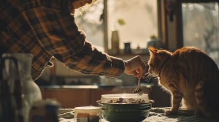 Domestic pet cute cat eat delicious food inside kitchen room. Tender owner care little kitten and feed kitty create lovely scene. Cuteness of small animal convey sense of adorable and joyful. AIG61.