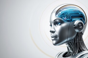Thinking robot on a flat light white background. Made with generative AI technology