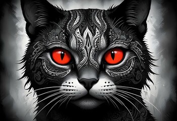 tribal cat face filled with detailed patterns and artistic designs. The cat has large, captivating teal eyes and its ears are pointed and angular. The background is a vibrant color