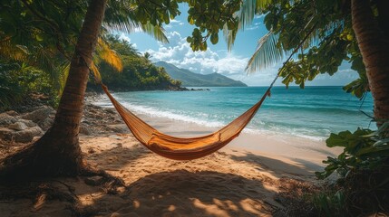 Wall Mural - Tranquil beach scene with a hammock between palm trees.