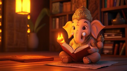 Ganesha in 3D cartoon style, reading sacred texts with an aura of divine knowledge and creativity. No people.