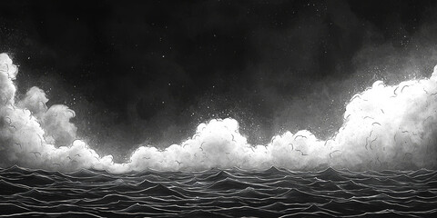 Canvas Print - Dramatic black and white illustration of an ocean with a stormy sky