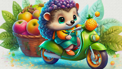 Poster - oil painting style CARTOON CHARACTER illustration  CUTE baby hedgehog ride Stylish green cross motorcycle isolated