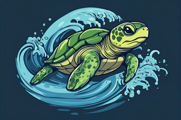 A vibrant illustration of a sea turtle swimming through stylized waves.