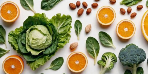 Canvas Print - Fresh Vegetables, Fruit, and Nuts on White Background