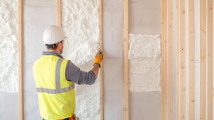 Insulation installation, workers adding insulation inside house walls, Energy efficiency, construction process