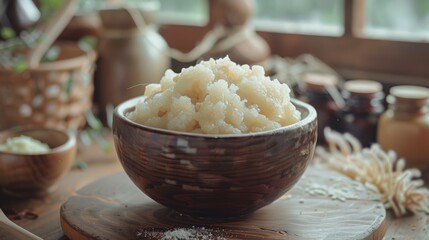 Wall Mural - A beautifully crafted wooden bowl filled with fluffy, mashed food on a rustic wooden surface surrounded by jars and kitchen decor items near a window