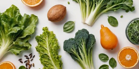 Fresh Produce Flat Lay with Orange, Broccoli and Greens