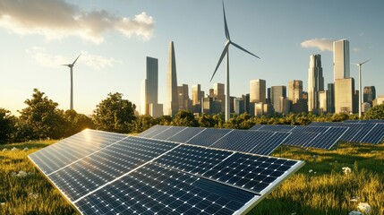 a city skyline with solar panels and wind turbines, representing clean energy in urban planning.