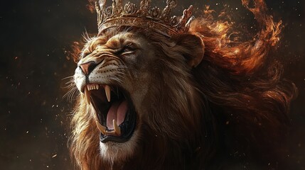 A majestic lion with a golden crown roars with its mane blowing in the wind.