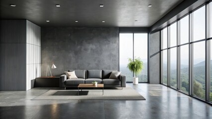 Minimalist living room with raw concrete floor, black wall, and large window