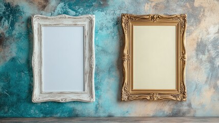 Two vintage, ornate picture frames on textured wall